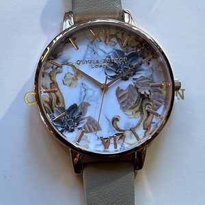 Olivia Burton Marble Florals Watch With 38mm Floral Face & Beige Leather Band